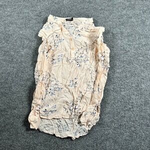 F&F Blouse Womens Size 4 Peach Viscose Bird Print Sleeveless Ladder Lace Henley